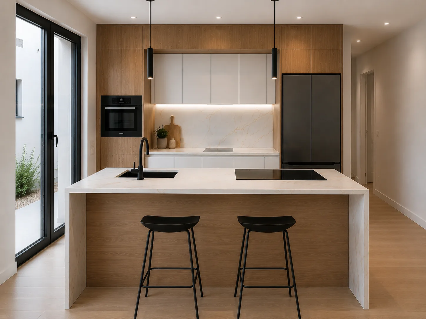Cocina con isla de mármol blanco veteado, mobiliario en madera clara y taburetes negros.